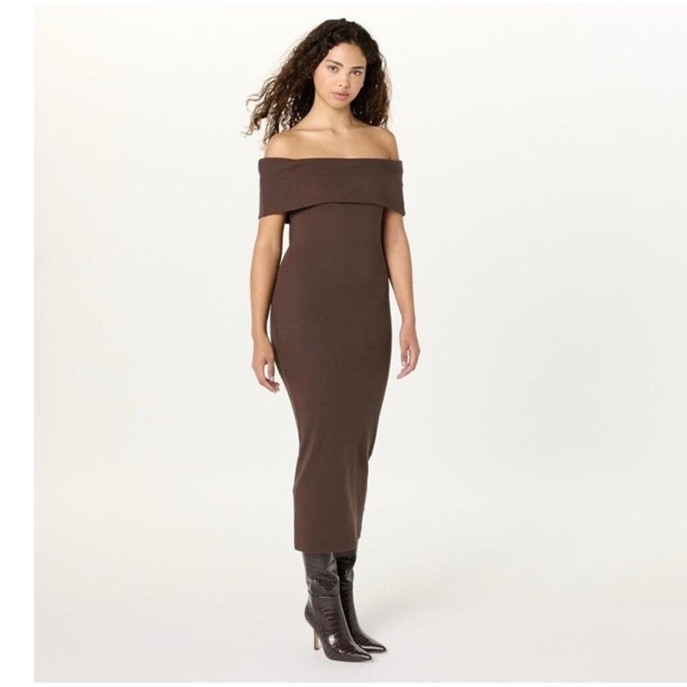 The Drop M Brown Bodycon Off The Shoulder Midi Sheath Dress Ribbed Knit Cotton